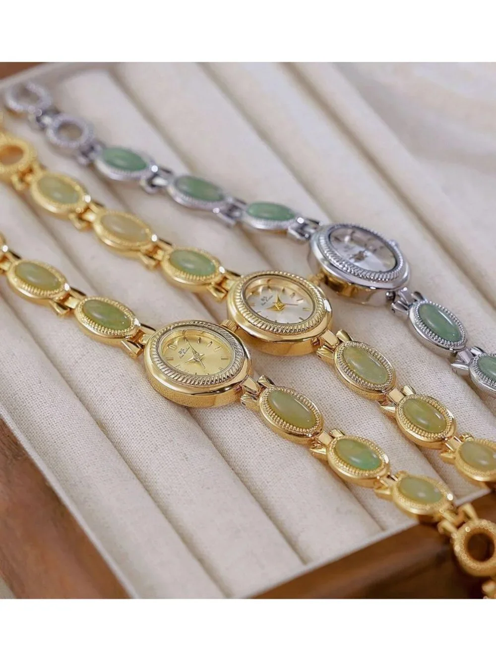 Luxury Vintage Gold Women's Watch with Colorful Jade Crystal, Dainty Silver